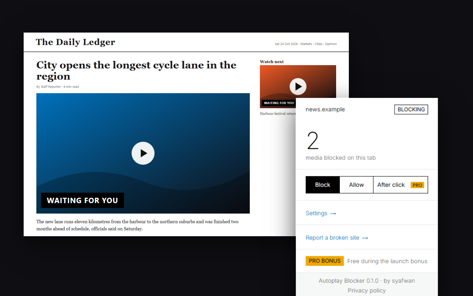 Autoplay Blocker popup over a news page with its video held back